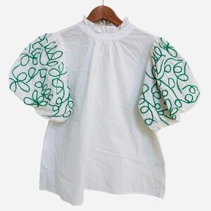 THML White Top with Green Embroidered Puff Sleeves